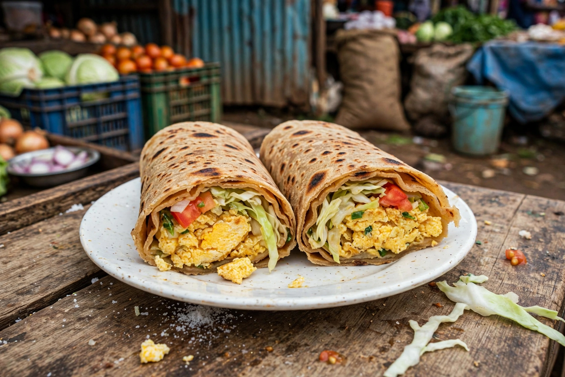 Ugandan rolex chapati wrap cut open to show eggs, cabbage and tomato at a market stall in Gulu