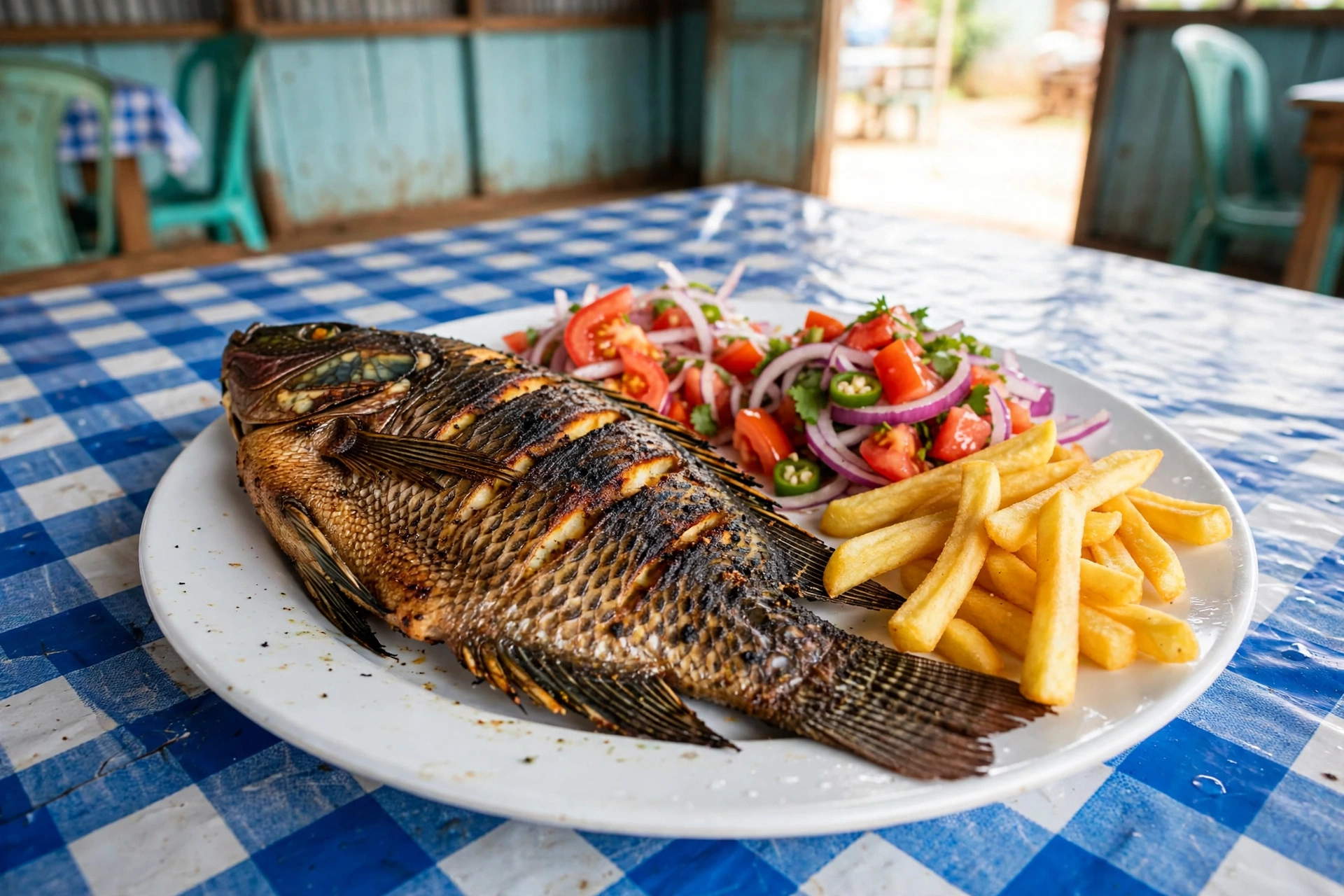 Grilled tilapia with kachumbari salad and chips on a white plate in Gulu
