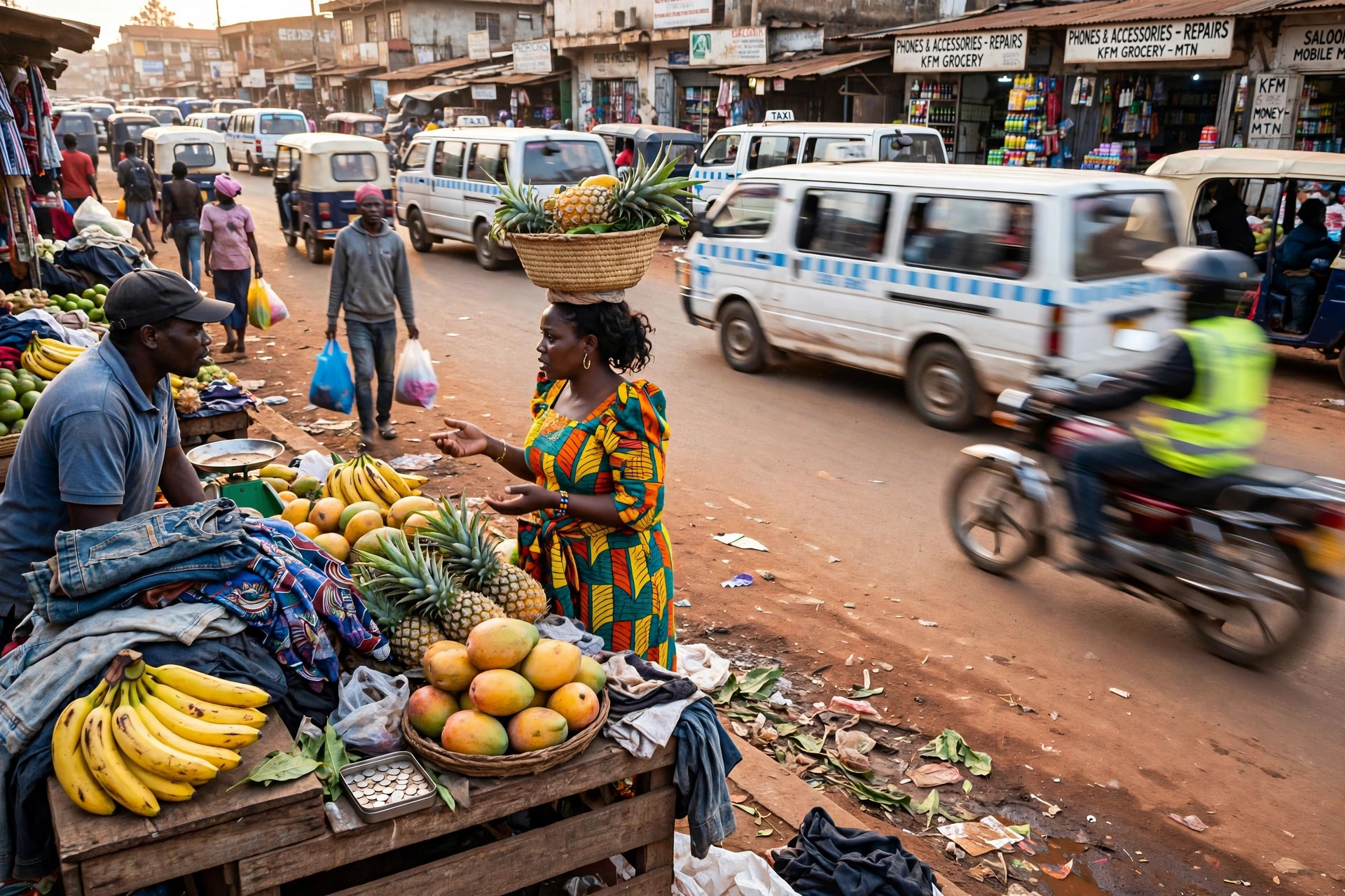 Busy market street in Kampala, Uganda: a vendor woman in a bright gomesi dress with a basket of pineapples on her head, fruit stalls, white minibus taxis and a boda boda passing in warm afternoon light