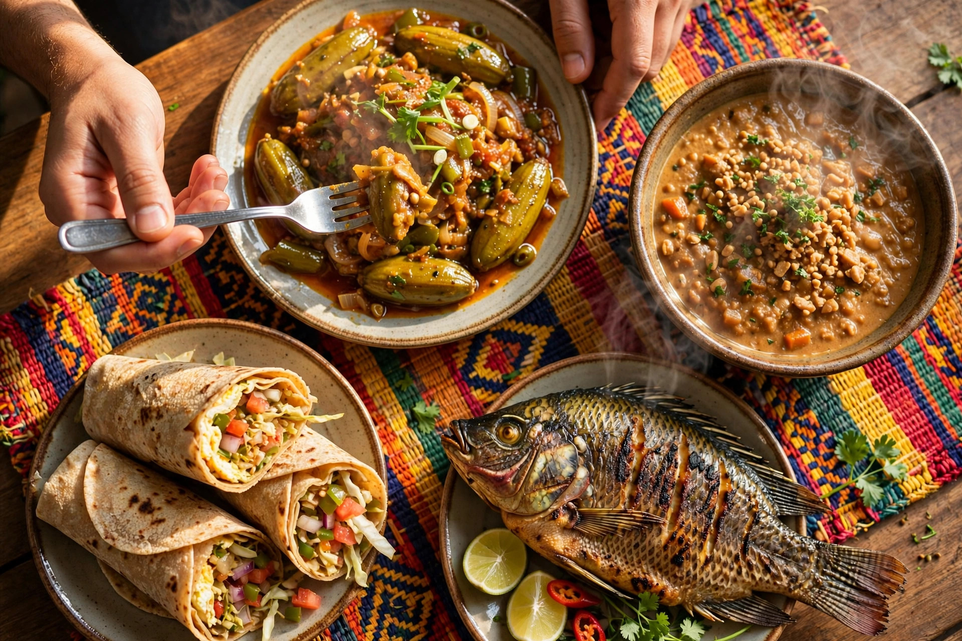 Ugandan dishes on a woven mat, rolex chapati wraps, grilled tilapia, matoke stew and groundnut stew being tasted